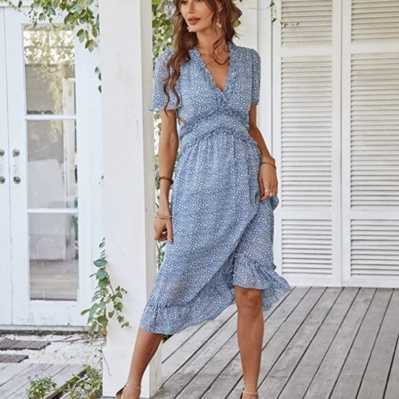 Casual Loose Boho Dress Ruffle High Waist Midi Beach Dress - Picture 1 of 5